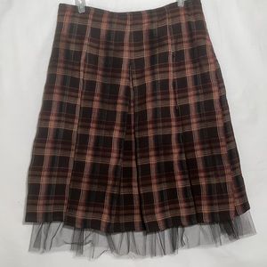 Plaid Pleated Wool Skirt Fully Lined with gathered Tulle Hem Made in Italy
